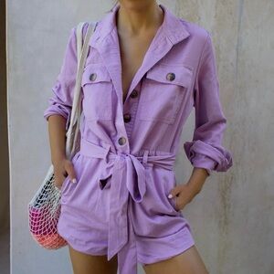 EXPRESS BY ROCKY BARNES ROMPER. SIZE S LILAC UTILITY JUMPER. BUTTONED. TIE FRONT